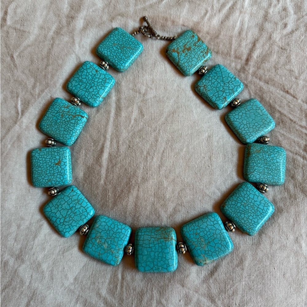 Authentic Turquoise Square Beaded Necklace with sterling silver 🩵